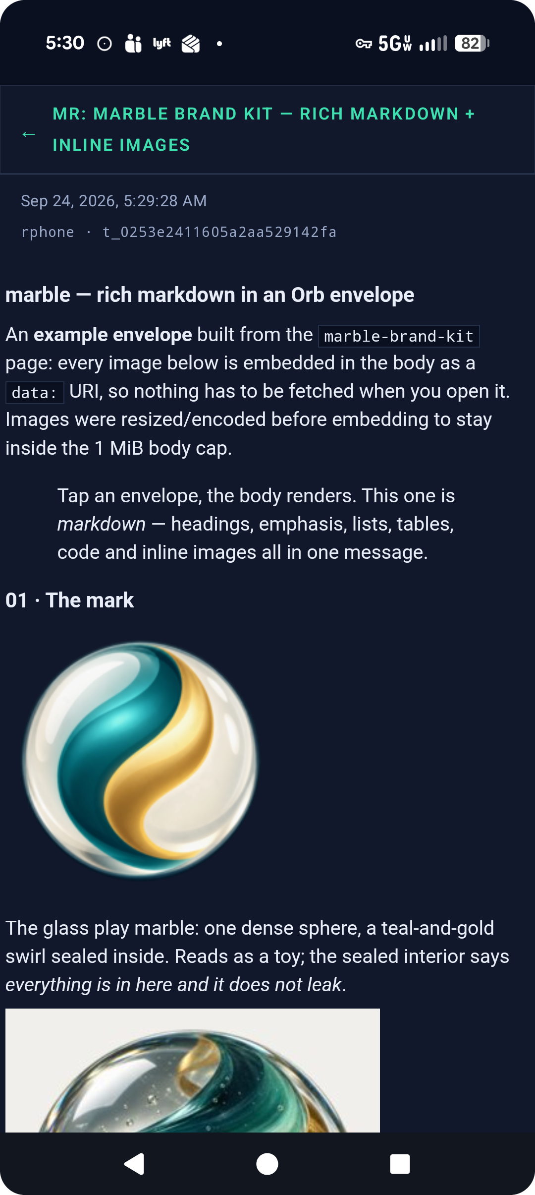 Android Orb opened envelope: markdown body with a heading, a blockquote, a table and inline images rendered in the app.