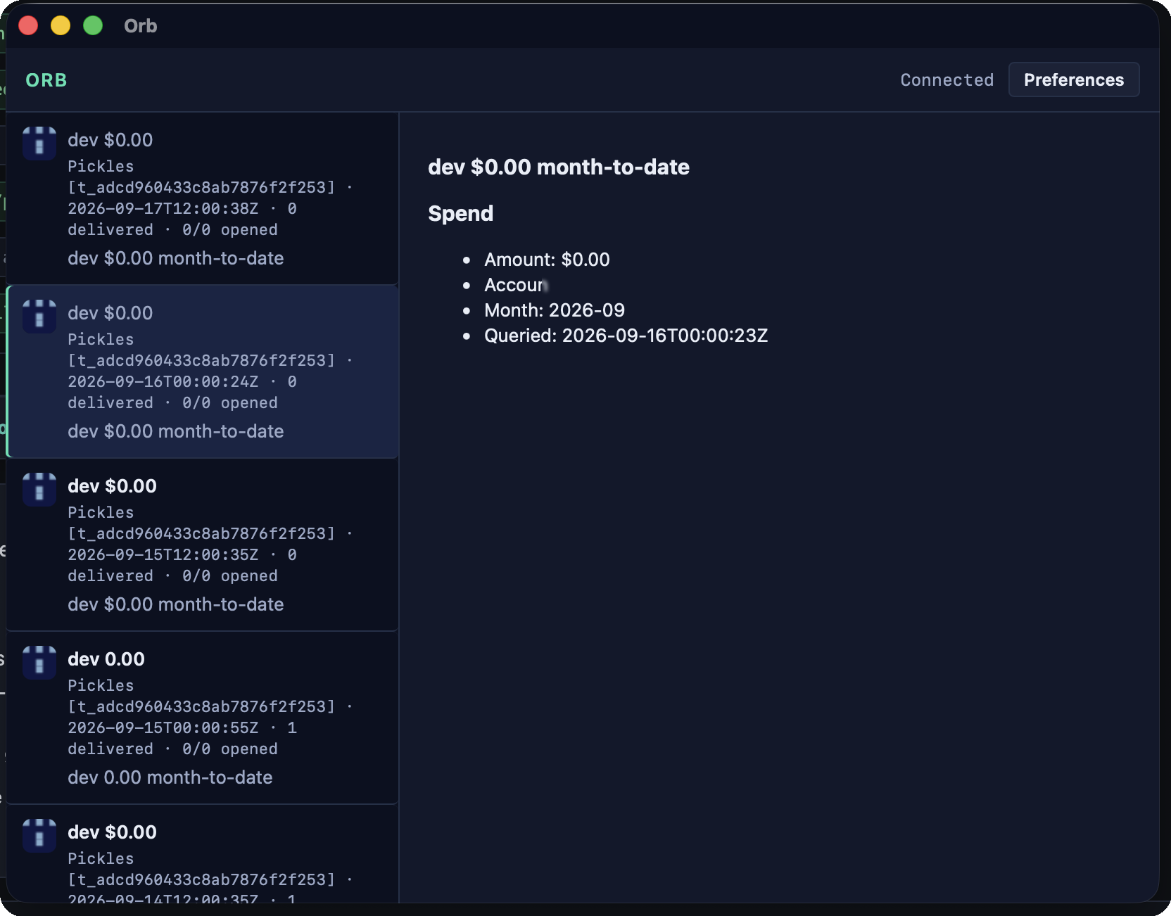 macOS Orb window: topic list on the left, opened envelope body on the right. Account number redacted.